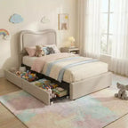 Cadre de lit double Boucle avec tête de lit LED et tiroirs de rangement, lit plateforme rembourré, lattes en bois massif, aucun sommier tapissier requis pour enfants et adolescents