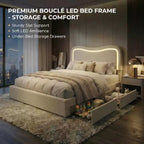 Cadre de lit double Boucle avec tête de lit LED et tiroirs de rangement, lit plateforme rembourré, lattes en bois massif, aucun sommier tapissier requis pour enfants et adolescents