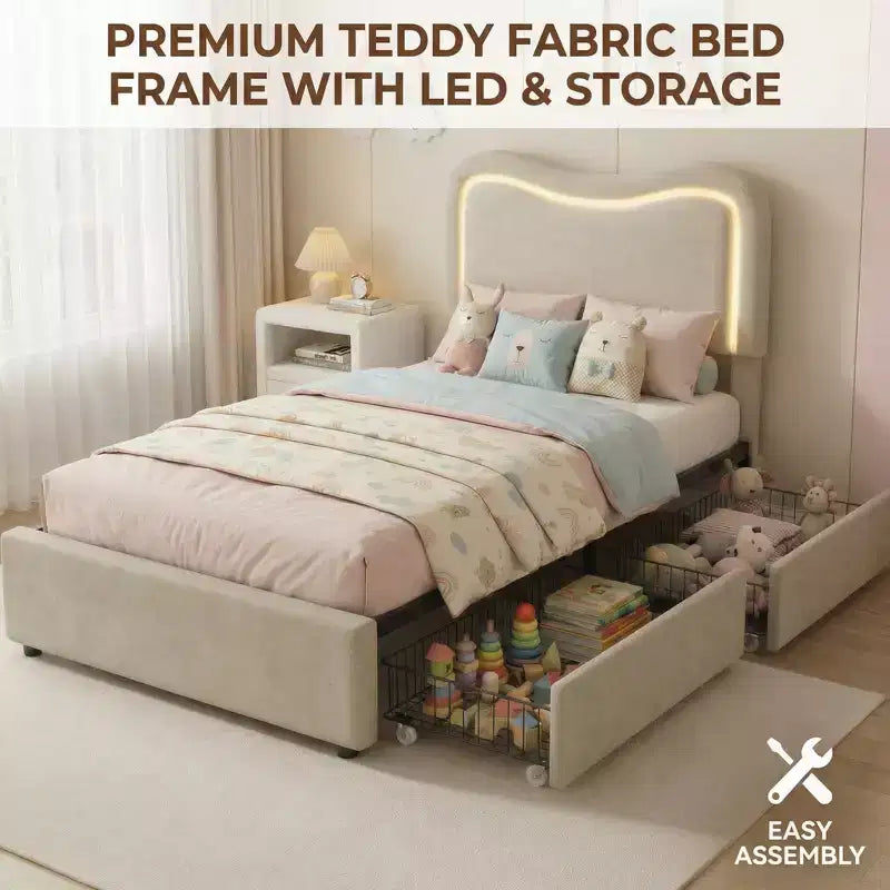 Cadre de lit double Boucle avec tête de lit LED et tiroirs de rangement, lit plateforme rembourré, lattes en bois massif, aucun sommier tapissier requis pour enfants et adolescents