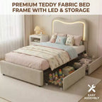 Cadre de lit double Boucle avec tête de lit LED et tiroirs de rangement, lit plateforme rembourré, lattes en bois massif, aucun sommier tapissier requis pour enfants et adolescents
