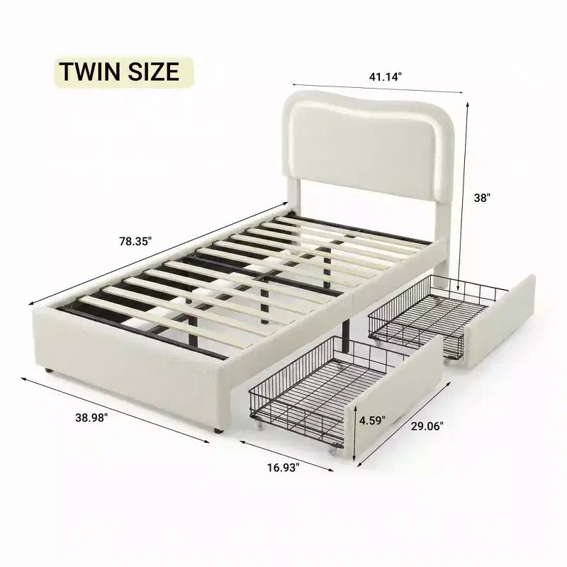 Cadre de lit double Boucle avec tête de lit LED et tiroirs de rangement, lit plateforme rembourré, lattes en bois massif, aucun sommier tapissier requis pour enfants et adolescents