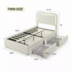 Cadre de lit double Boucle avec tête de lit LED et tiroirs de rangement, lit plateforme rembourré, lattes en bois massif, aucun sommier tapissier requis pour enfants et adolescents