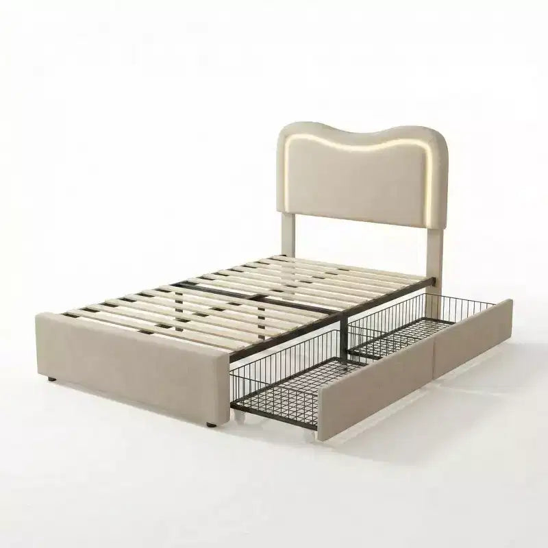 Cadre de lit double Boucle avec tête de lit LED et tiroirs de rangement, lit plateforme rembourré, lattes en bois massif, aucun sommier tapissier requis pour enfants et adolescents