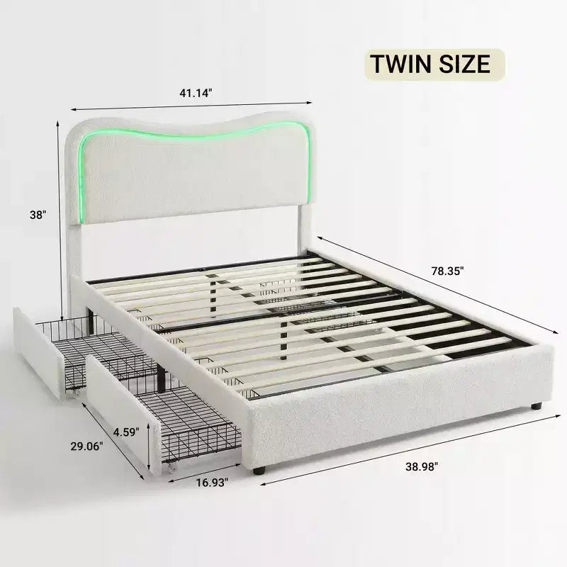 Cadre de lit double Boucle avec tête de lit LED et tiroirs de rangement, lit plateforme rembourré, lattes en bois massif, aucun sommier tapissier requis pour enfants et adolescents