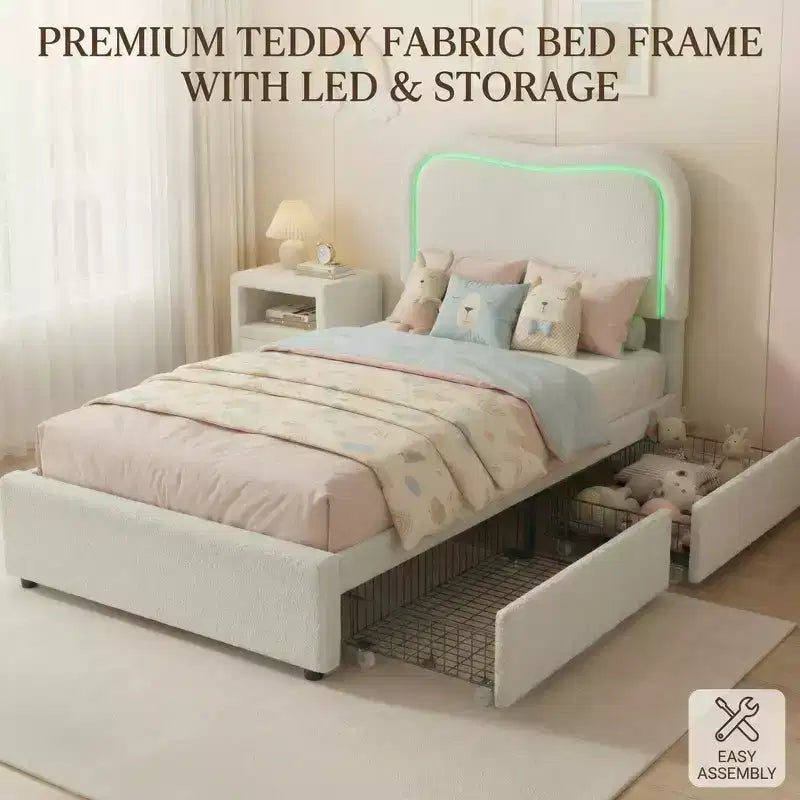 Cadre de lit double Boucle avec tête de lit LED et tiroirs de rangement, lit plateforme rembourré, lattes en bois massif, aucun sommier tapissier requis pour enfants et adolescents