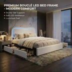 Cadre de lit double Boucle avec tête de lit LED et tiroirs de rangement, lit plateforme rembourré, lattes en bois massif, aucun sommier tapissier requis pour enfants et adolescents