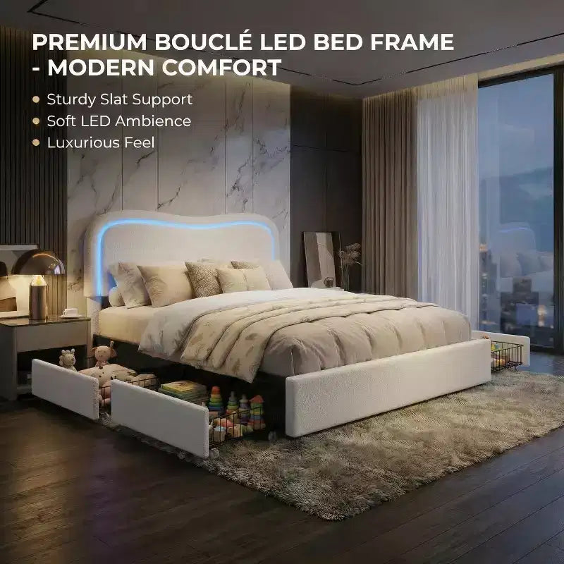 Cadre de lit double Boucle avec tête de lit LED et tiroirs de rangement, lit plateforme rembourré, lattes en bois massif, aucun sommier tapissier requis pour enfants et adolescents