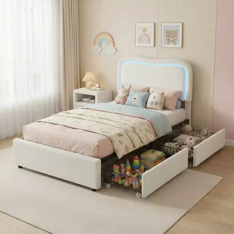 Cadre de lit double Boucle avec tête de lit LED et tiroirs de rangement, lit plateforme rembourré, lattes en bois massif, aucun sommier tapissier requis pour enfants et adolescents
