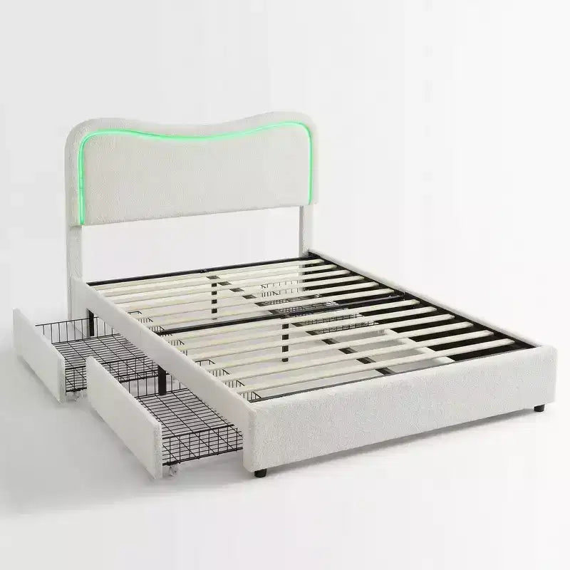 Cadre de lit double Boucle avec tête de lit LED et tiroirs de rangement, lit plateforme rembourré, lattes en bois massif, aucun sommier tapissier requis pour enfants et adolescents