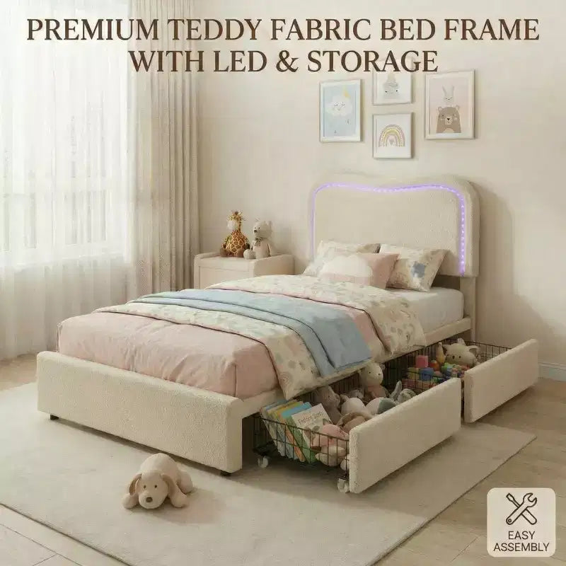 Cadre de lit double Boucle avec tête de lit LED et tiroirs de rangement, lit plateforme rembourré, lattes en bois massif, aucun sommier tapissier requis pour enfants et adolescents