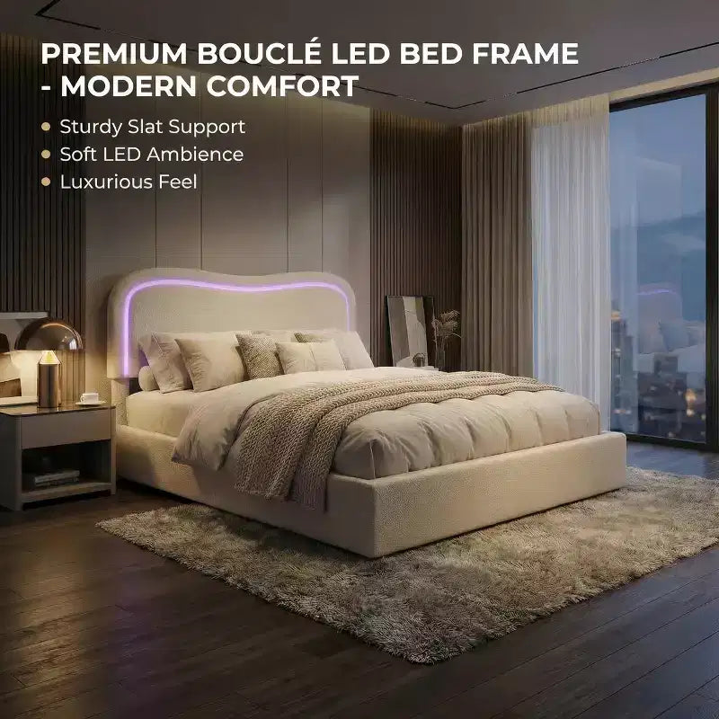 Cadre de lit double Boucle avec tête de lit LED et tiroirs de rangement, lit plateforme rembourré, lattes en bois massif, aucun sommier tapissier requis pour enfants et adolescents