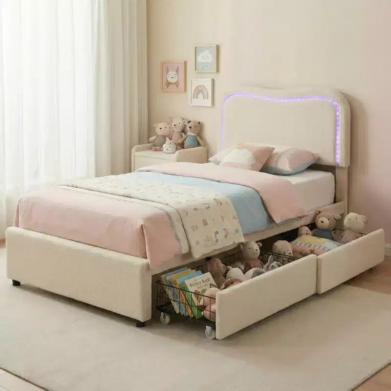 Cadre de lit double Boucle avec tête de lit LED et tiroirs de rangement, lit plateforme rembourré, lattes en bois massif, aucun sommier tapissier requis pour enfants et adolescents