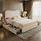 Cadre de lit double Boucle avec tête de lit LED et tiroirs de rangement, lit plateforme rembourré, lattes en bois massif, aucun sommier tapissier requis pour enfants et adolescents