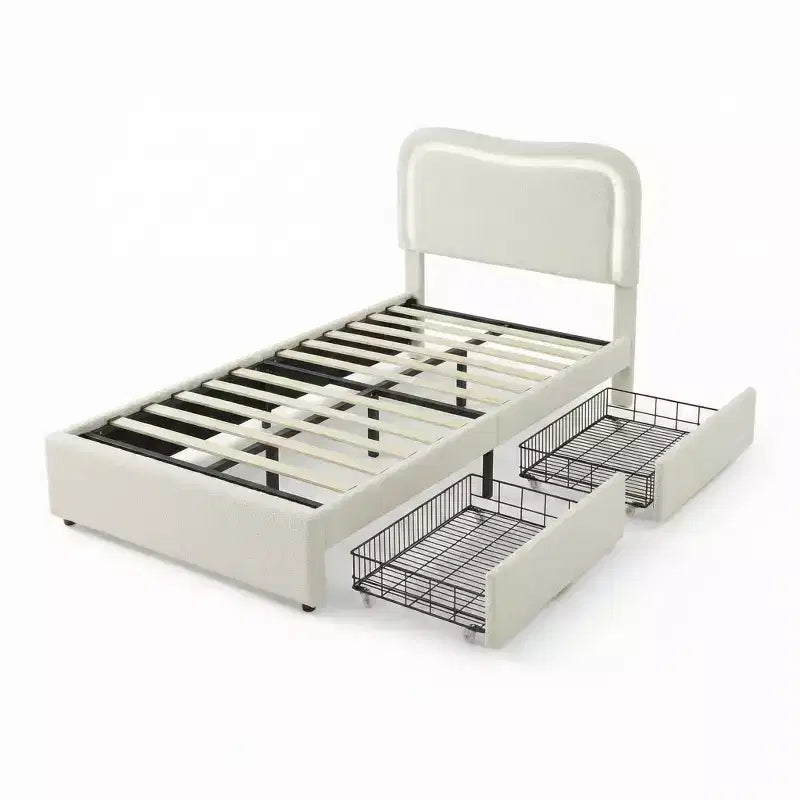 Cadre de lit double Boucle avec tête de lit LED et tiroirs de rangement, lit plateforme rembourré, lattes en bois massif, aucun sommier tapissier requis pour enfants et adolescents