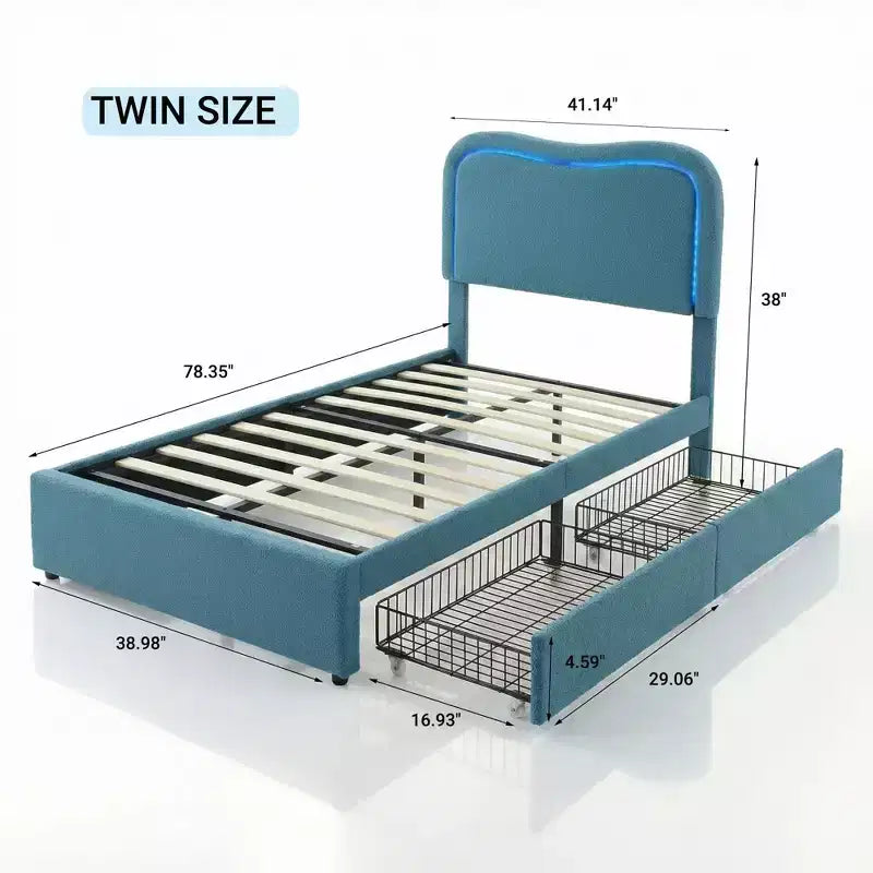 Cadre de lit double Boucle avec tête de lit LED et tiroirs de rangement, lit plateforme rembourré, lattes en bois massif, aucun sommier tapissier requis pour enfants et adolescents