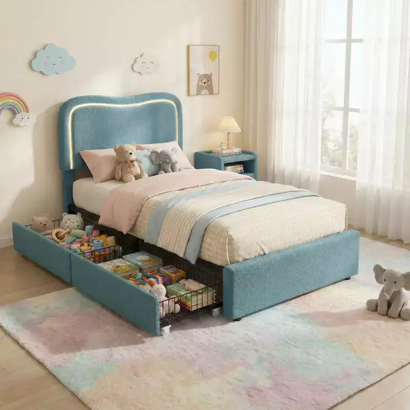 Cadre de lit double Boucle avec tête de lit LED et tiroirs de rangement, lit plateforme rembourré, lattes en bois massif, aucun sommier tapissier requis pour enfants et adolescents