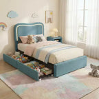 Cadre de lit double Boucle avec tête de lit LED et tiroirs de rangement, lit plateforme rembourré, lattes en bois massif, aucun sommier tapissier requis pour enfants et adolescents