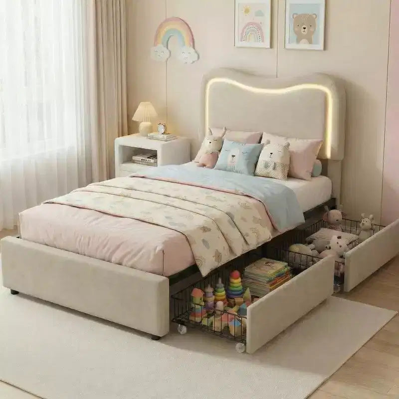 Cadre de lit double Boucle avec tête de lit LED et tiroirs de rangement, lit plateforme rembourré, lattes en bois massif, aucun sommier tapissier requis pour enfants et adolescents