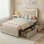 Cadre de lit double Boucle avec tête de lit LED et tiroirs de rangement, lit plateforme rembourré, lattes en bois massif, aucun sommier tapissier requis pour enfants et adolescents