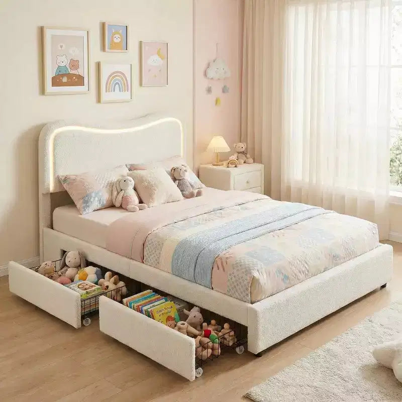 Cadre de lit double Boucle avec tête de lit LED et tiroirs de rangement, lit plateforme rembourré, lattes en bois massif, aucun sommier tapissier requis pour enfants et adolescents