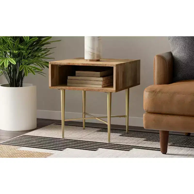 Table d'appoint carrée contemporaine Jovie en bois de manguier massif, 50,8 cm de large, couleur naturelle