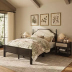 Ensembles de meubles de chambre à coucher Queen-85 Cadre de lit en bois massif avec tête de lit rembourrée et 2 tables de chevet, aucun sommier tapissier requis, pour chambre à coucher-Morden Fort