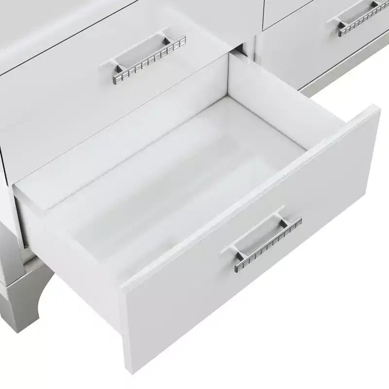 Commode MAYEERTY laquée brillante avec poignées métalliques, meuble de rangement miroir à 6 tiroirs pour chambre, blanc