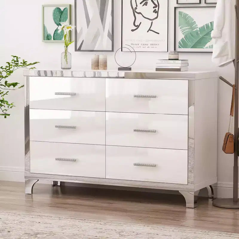Commode MAYEERTY laquée brillante avec poignées métalliques, meuble de rangement miroir à 6 tiroirs pour chambre, blanc