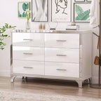 Commode MAYEERTY laquée brillante avec poignées métalliques, meuble de rangement miroir à 6 tiroirs pour chambre, blanc