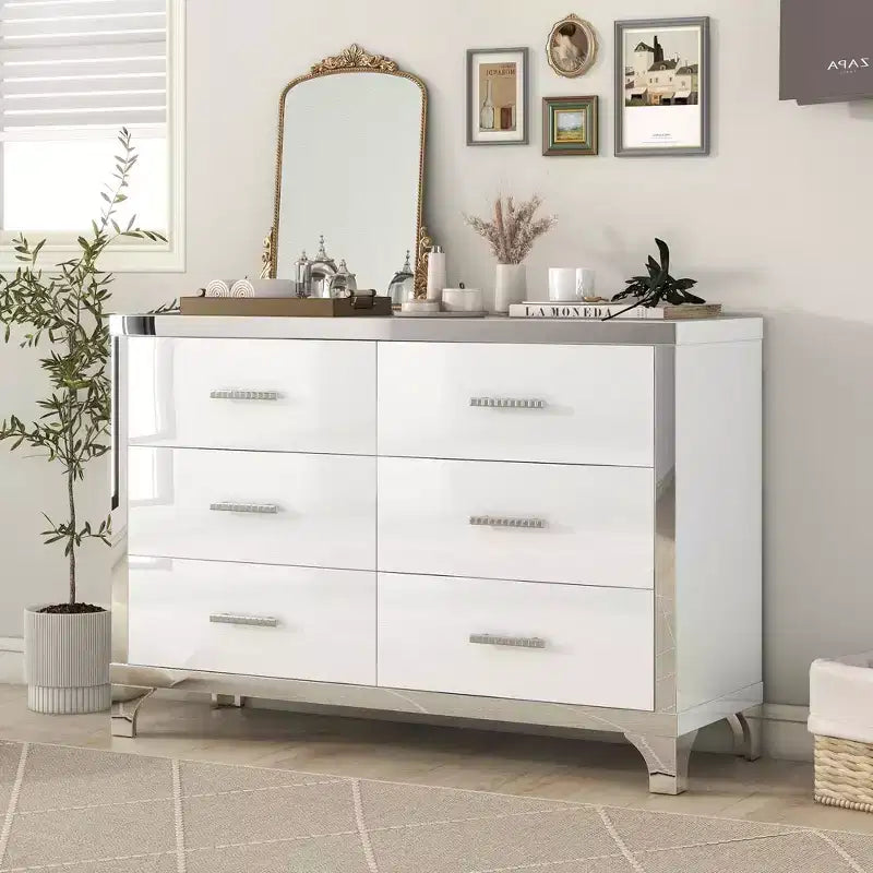 Commode MAYEERTY laquée brillante avec poignées métalliques, meuble de rangement miroir à 6 tiroirs pour chambre, blanc