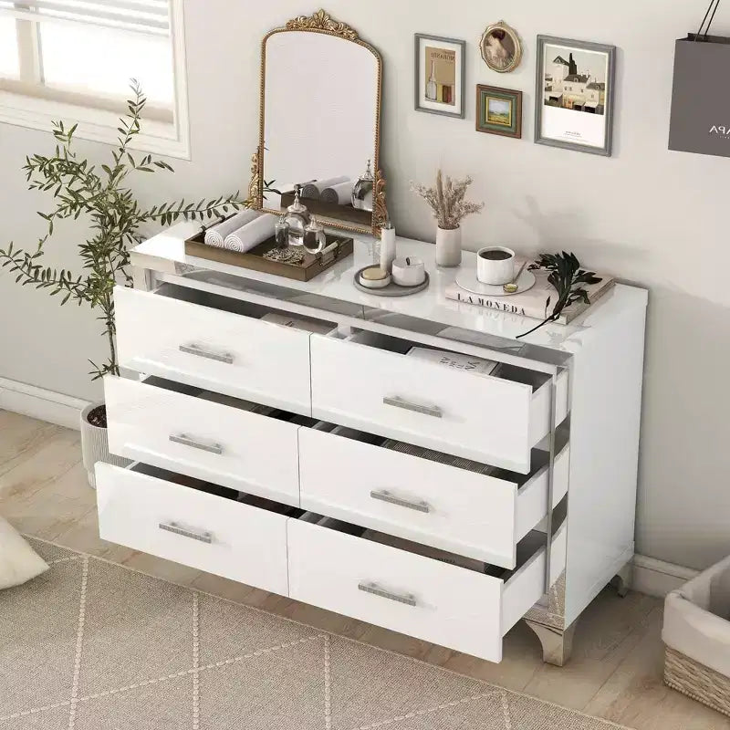 Commode MAYEERTY laquée brillante avec poignées métalliques, meuble de rangement miroir à 6 tiroirs pour chambre, blanc