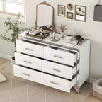 Commode MAYEERTY laquée brillante avec poignées métalliques, meuble de rangement miroir à 6 tiroirs pour chambre, blanc