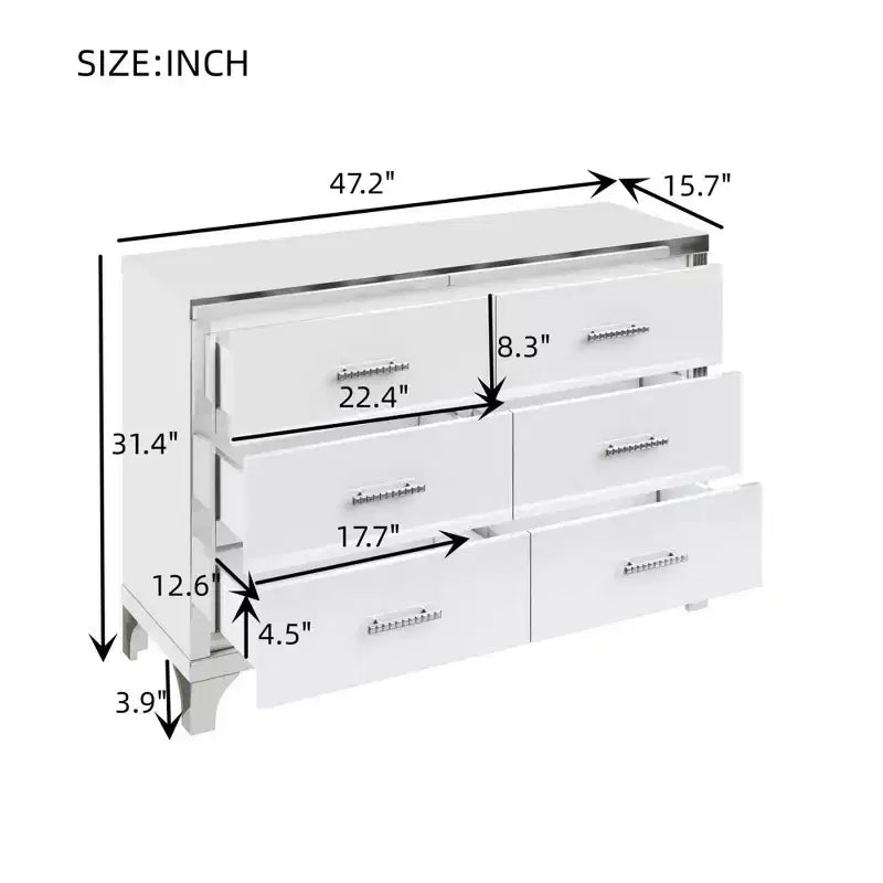 Commode MAYEERTY laquée brillante avec poignées métalliques, meuble de rangement miroir à 6 tiroirs pour chambre, blanc