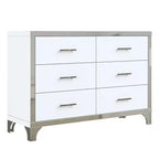 Commode MAYEERTY laquée brillante avec poignées métalliques, meuble de rangement miroir à 6 tiroirs pour chambre, blanc