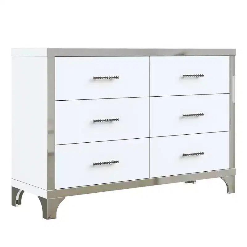 Commode MAYEERTY laquée brillante avec poignées métalliques, meuble de rangement miroir à 6 tiroirs pour chambre, blanc