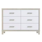 Commode MAYEERTY laquée brillante avec poignées métalliques, meuble de rangement miroir à 6 tiroirs pour chambre, blanc
