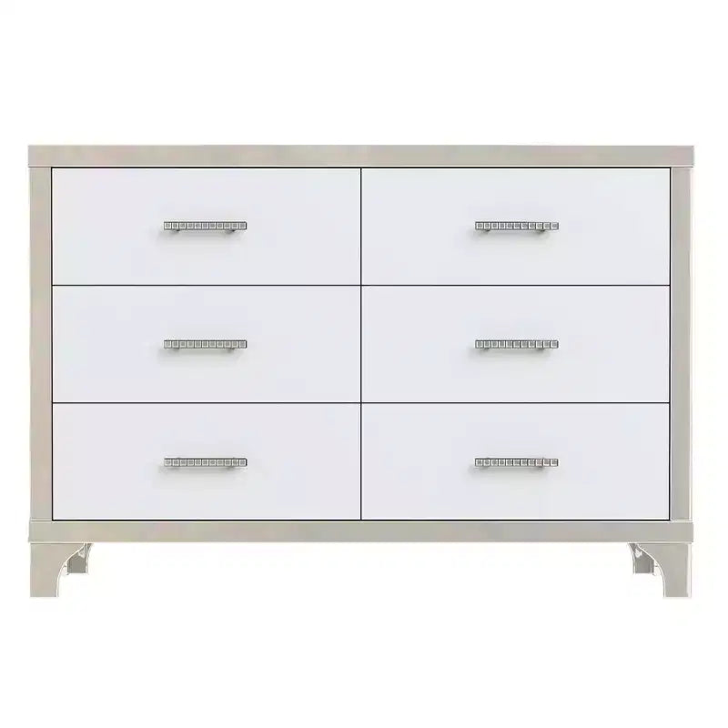 Commode MAYEERTY laquée brillante avec poignées métalliques, meuble de rangement miroir à 6 tiroirs pour chambre, blanc