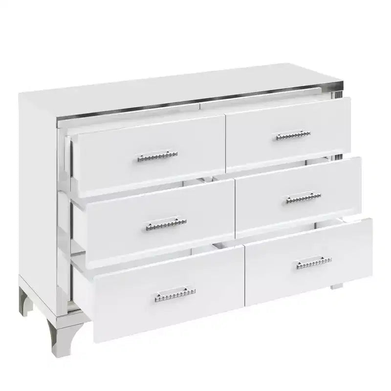 Commode MAYEERTY laquée brillante avec poignées métalliques, meuble de rangement miroir à 6 tiroirs pour chambre, blanc