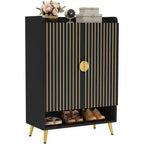 Lantine 7-Tier Black Wooden Shoe Cabinet with Doors and Adjustable Shelves, ideal for Entryway, Hallway, Closet, Living Room shoe storage.
