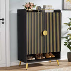 Meuble à chaussures Lantine 7 niveaux en bois noir avec portes et étagères réglables, idéal pour le rangement de chaussures dans une entrée, un couloir, un dressing, un salon.