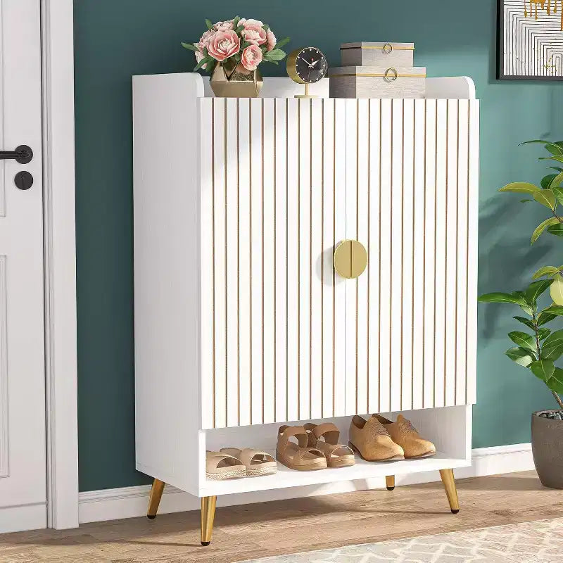 Lantine 6-Tier Wooden Shoe Cabinet with Doors and Adjustable Shelves, White & Gold, ideal for Entryway, Hallway, Closet, Living Room shoe storage.