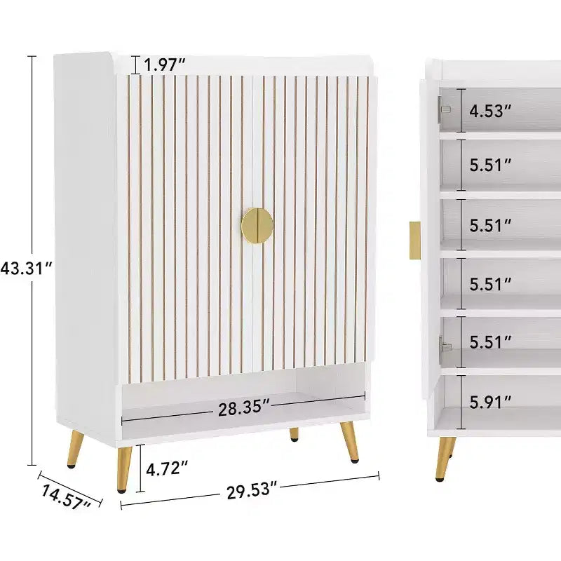 Meuble à chaussures 6 niveaux Lantine en bois avec portes et étagères réglables, blanc et doré, idéal pour le rangement de chaussures dans l'entrée, le couloir, le placard ou le salon.
