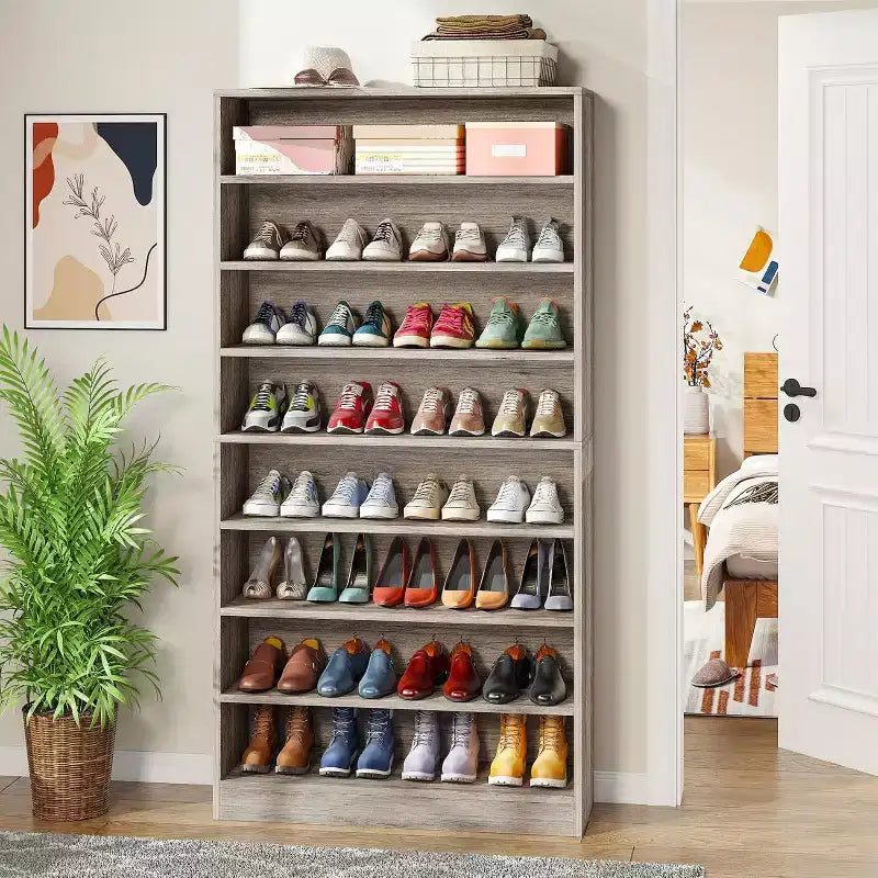 Meuble à chaussures Lantine haut de 9 niveaux pour 40-45 paires, rangement autonome en bois robuste pour entrée, 180 cm, gris beige