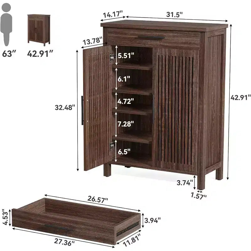 Étagère à chaussures étroite Lantine à 6 niveaux avec tiroir, organiseur mince autoportant en bois pour entrée, couloir, placard, chambre, salon, noyer