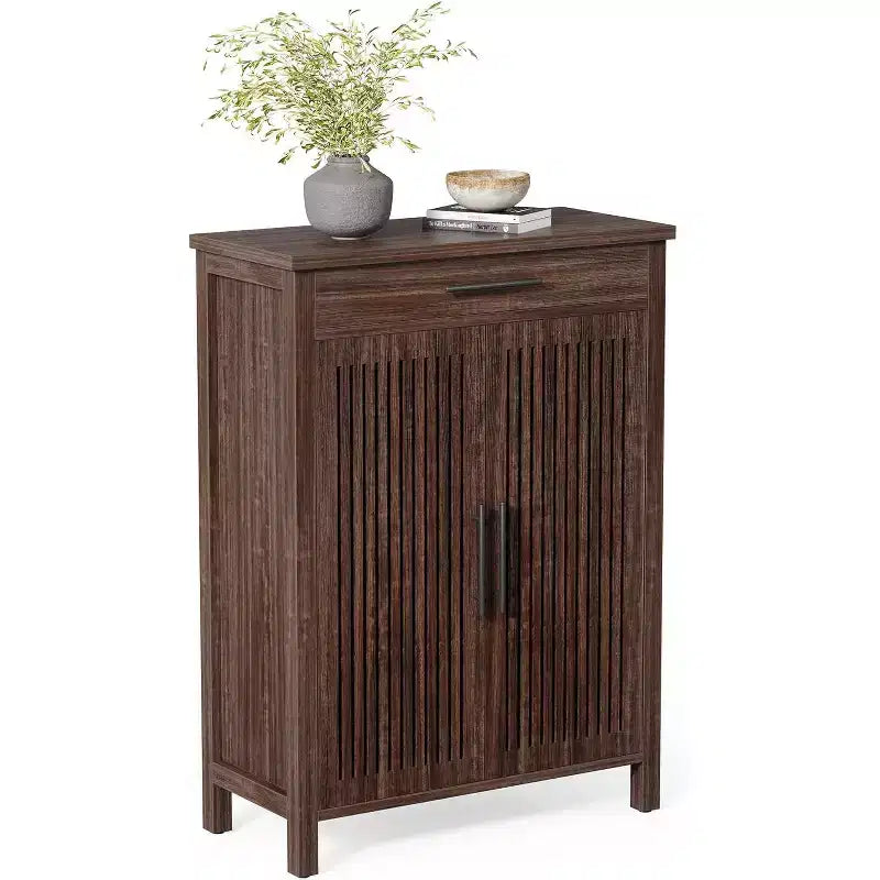 Étagère à chaussures étroite Lantine à 6 niveaux avec tiroir, organiseur mince autoportant en bois pour entrée, couloir, placard, chambre, salon, noyer