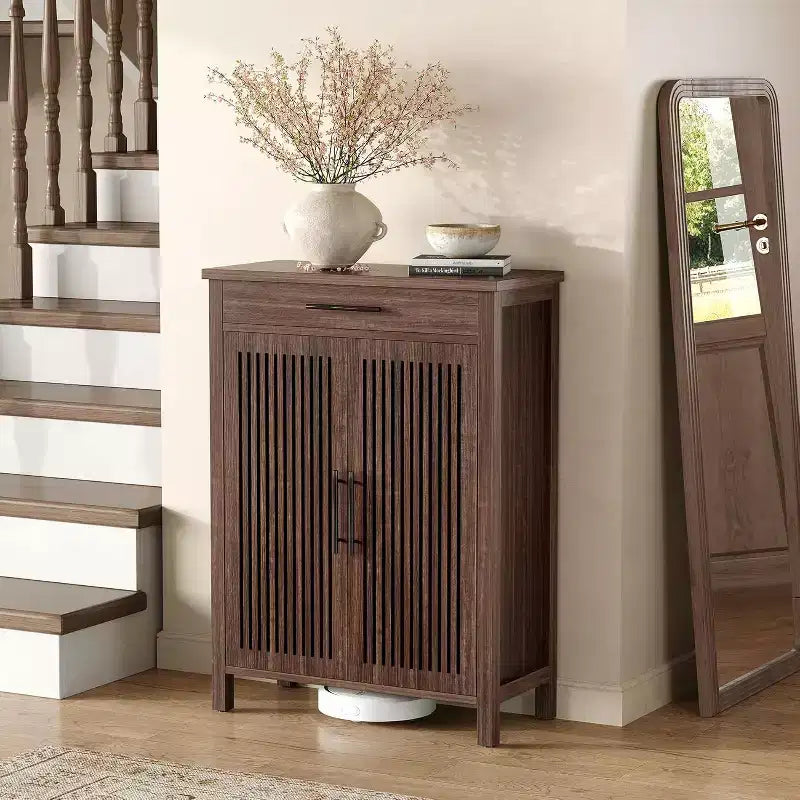 Étagère à chaussures étroite Lantine à 6 niveaux avec tiroir, organiseur mince autoportant en bois pour entrée, couloir, placard, chambre, salon, noyer