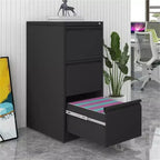 VIYET 41 Caisson de classement vertical à 3 tiroirs verrouillable, Armoire de rangement de bureau en métal noir (Anti-basculement pour dossiers format Lettre/A4/Légal)