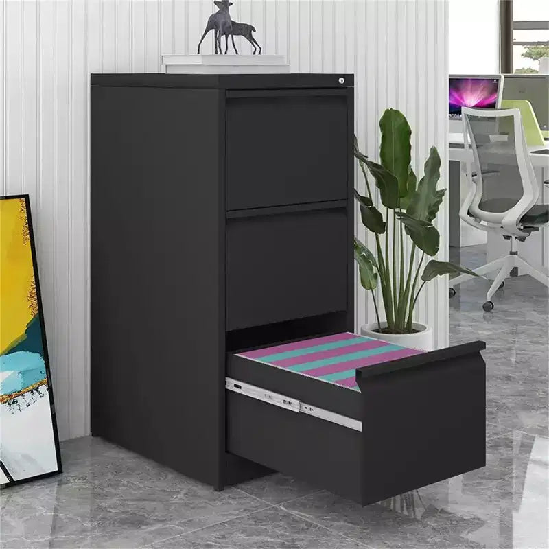 VIYET 41 Caisson de classement vertical à 3 tiroirs verrouillable, Armoire de rangement de bureau en métal noir (Anti-basculement pour dossiers format Lettre/A4/Légal)