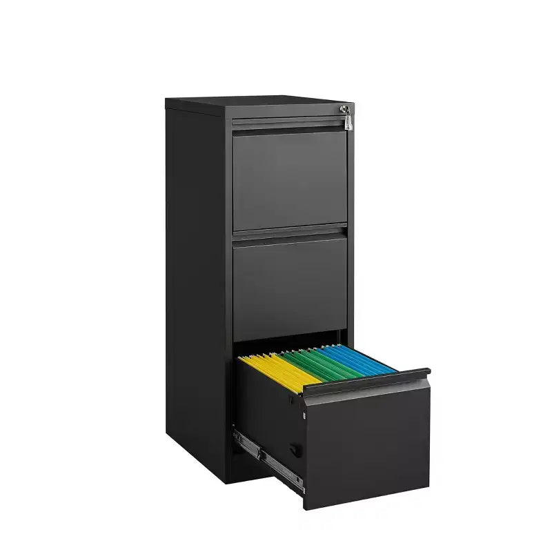 VIYET 41 Caisson de classement vertical à 3 tiroirs verrouillable, Armoire de rangement de bureau en métal noir (Anti-basculement pour dossiers format Lettre/A4/Légal)