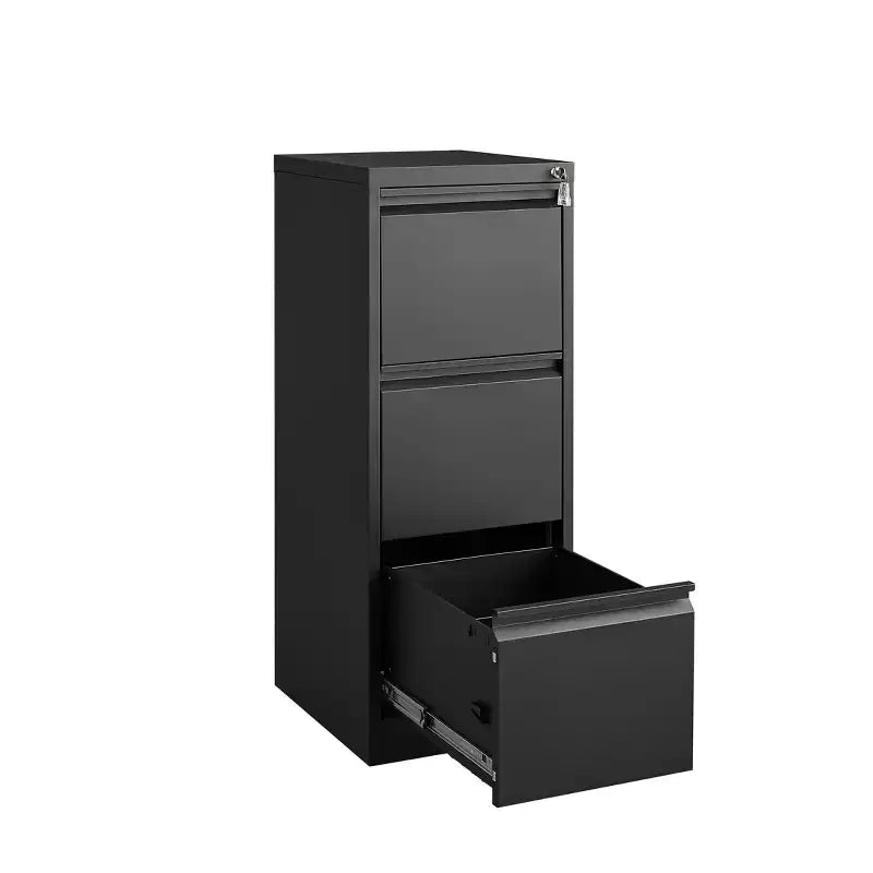 VIYET 41 Caisson de classement vertical à 3 tiroirs verrouillable, Armoire de rangement de bureau en métal noir (Anti-basculement pour dossiers format Lettre/A4/Légal)